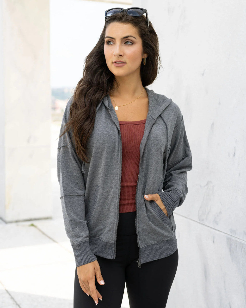 Grace and Lace- Signature Soft Heathered Charcoal Zip Up Hoodie