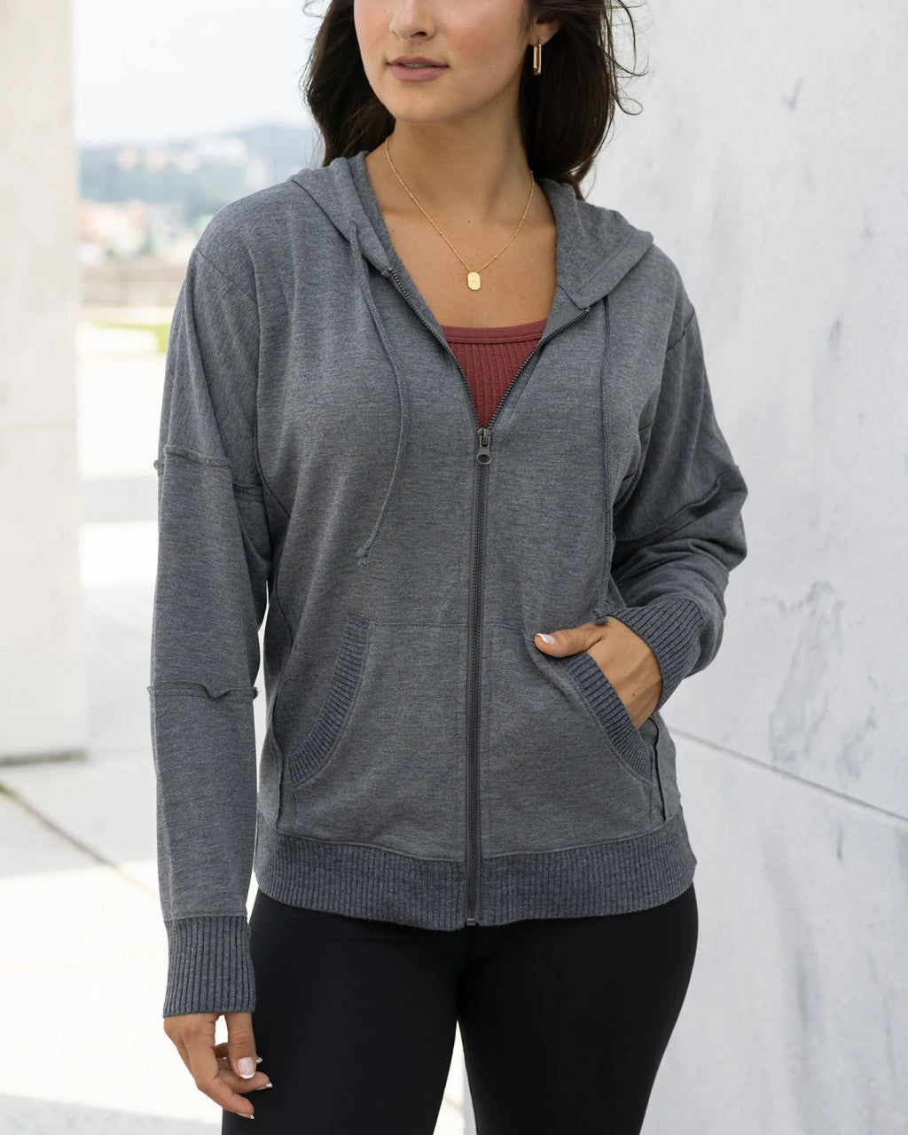 Grace and Lace- Signature Soft Heathered Charcoal Zip Up Hoodie