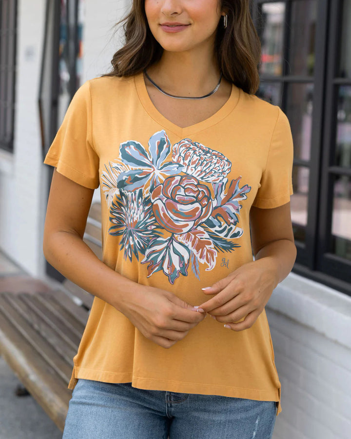 Grace and Lace Sketched Floral Graphic Tee VIP Fave - Mustard Floral