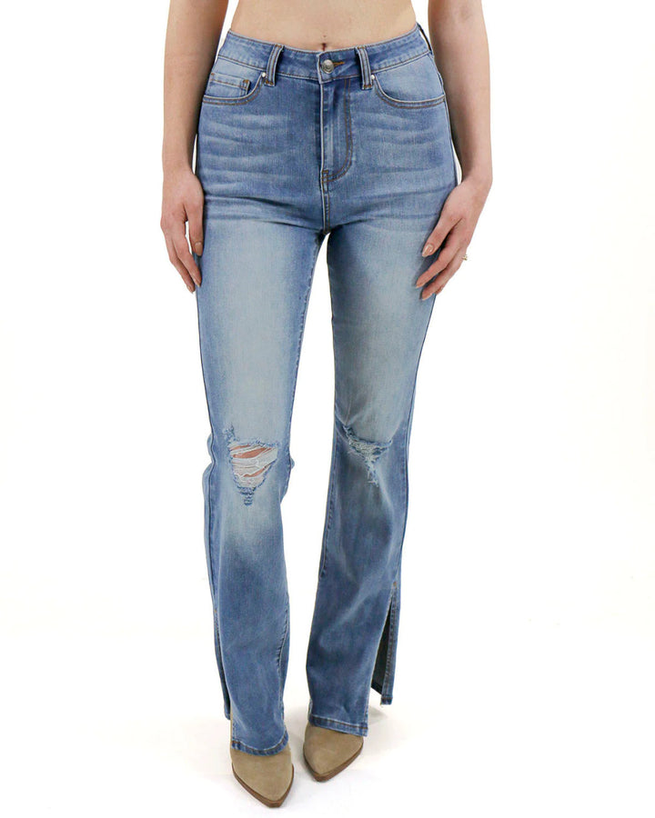 Grace and Lace- Split Flare Denim- Midwash