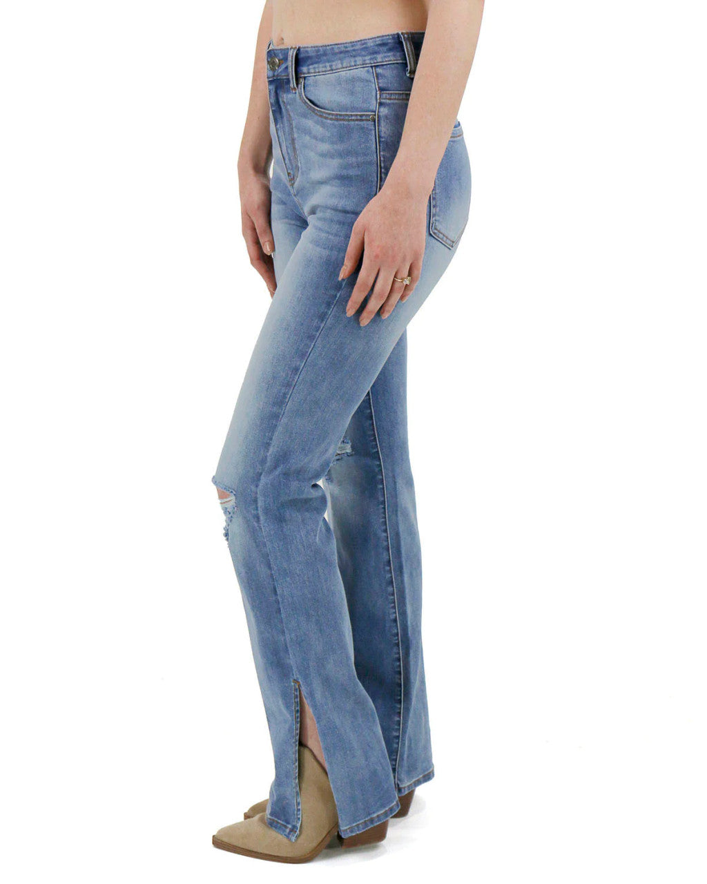 Grace and Lace- Split Flare Denim- Midwash