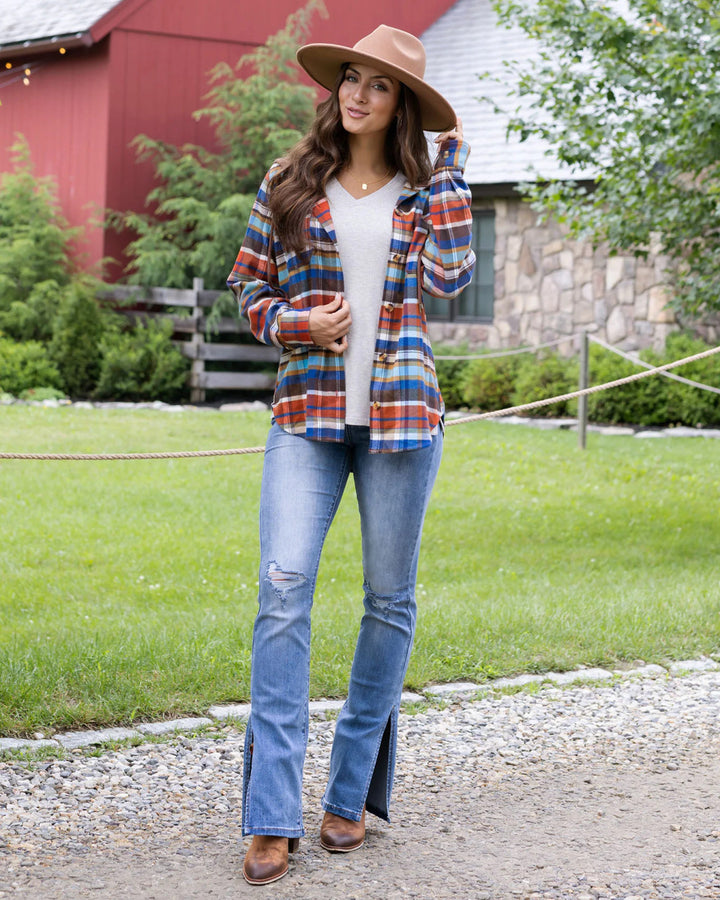 Grace and Lace - Stretch Flex Denim/Rust Plaid Hooded Shacket