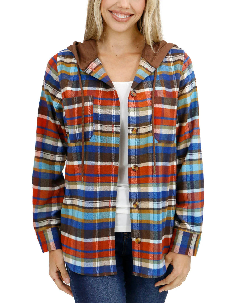 Grace and Lace - Stretch Flex Denim/Rust Plaid Hooded Shacket