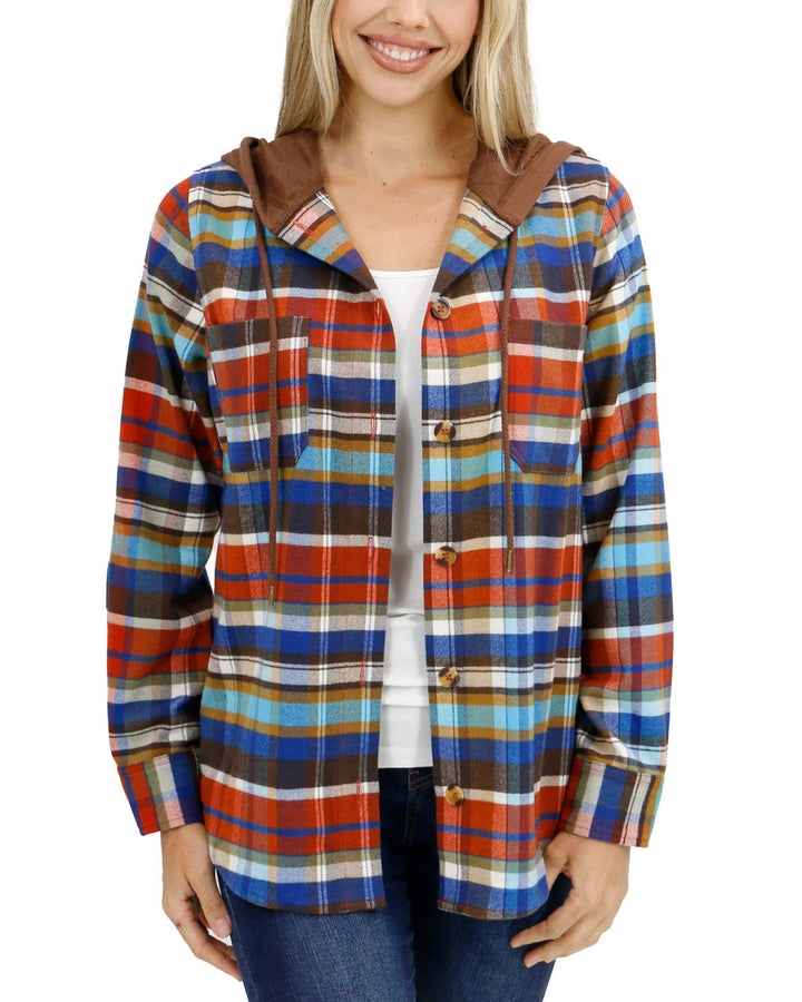 Grace and Lace - Stretch Flex Denim/Rust Plaid Hooded Shacket