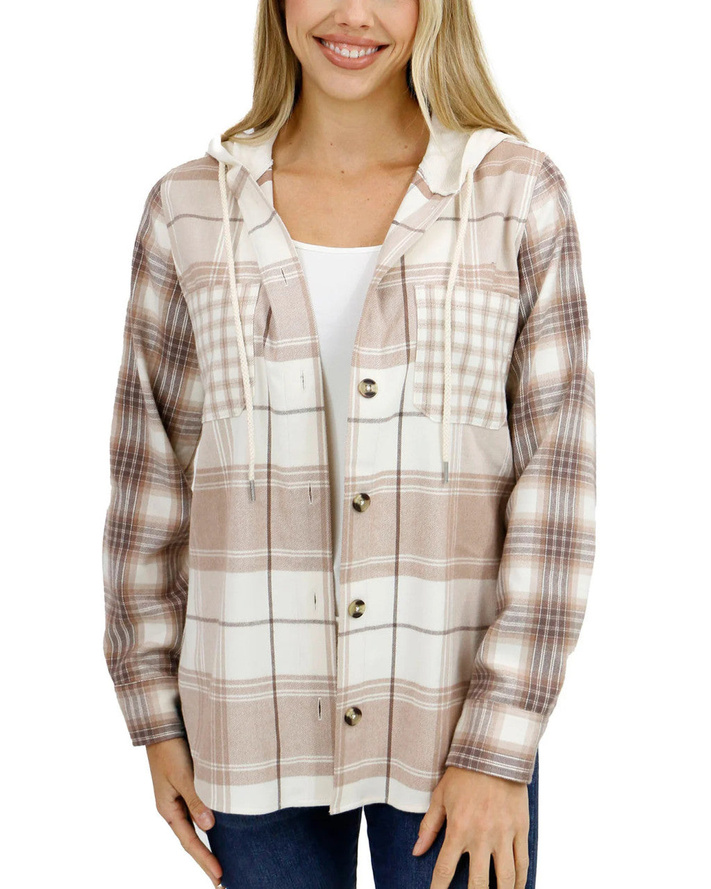 Grace and Lace- Stretch Flex Hooded Shacket - Mixed Neutral Plaid