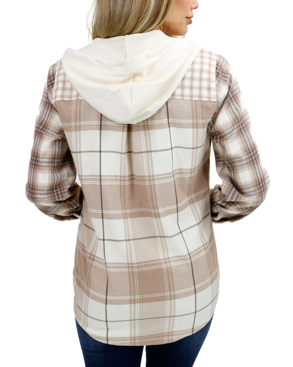 Grace and Lace- Stretch Flex Hooded Shacket - Mixed Neutral Plaid