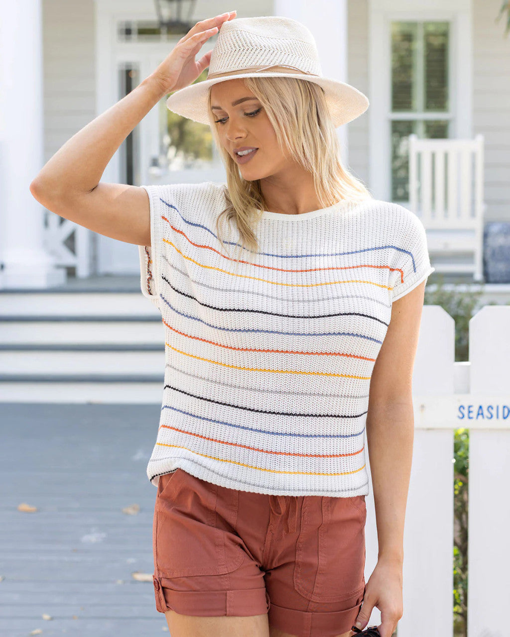 Grace and Lace Slouchy Striped Sweater Tee - Ivory Multi