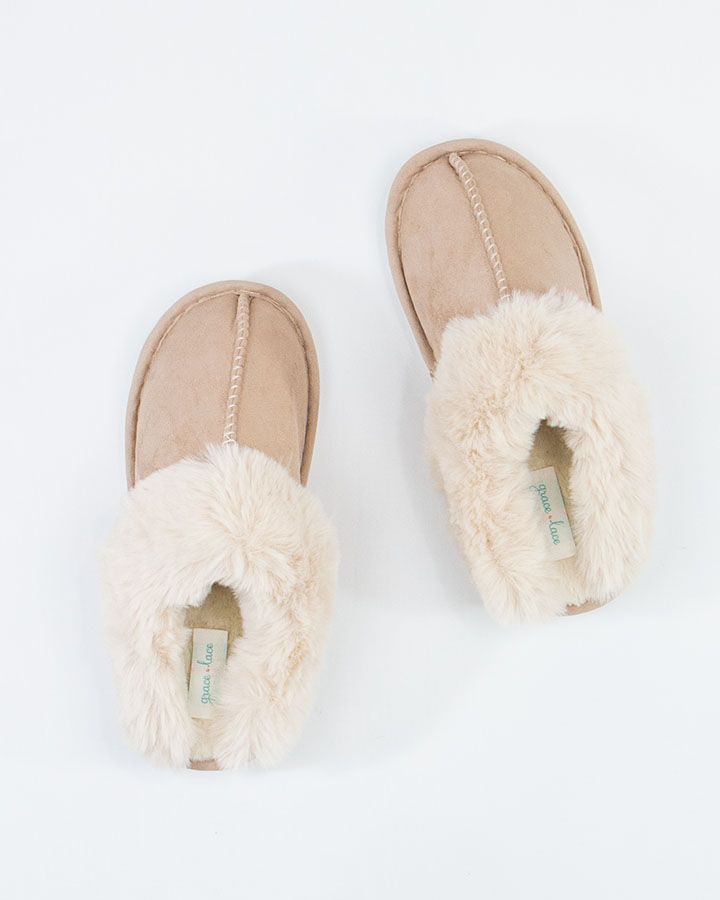 Grace and Lace Faux Suede Slippers - Natural