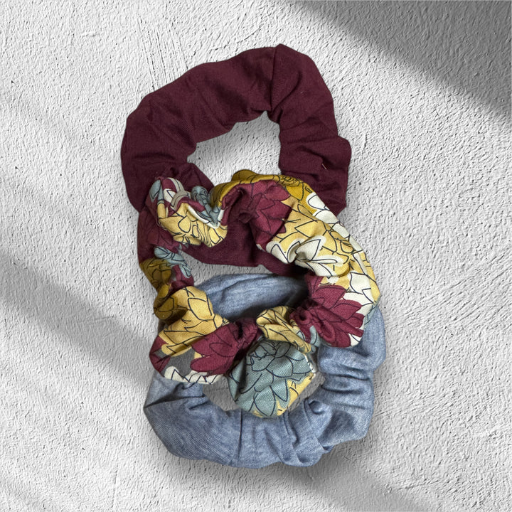 Floral Fun - Floral, maroon, lt. blue Scrunchies - 3pk