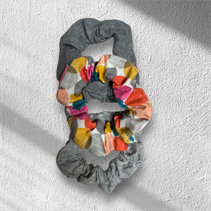 Electric Pop - Colorful geo, dark gray, light gray Scrunchie Combo - 3pk