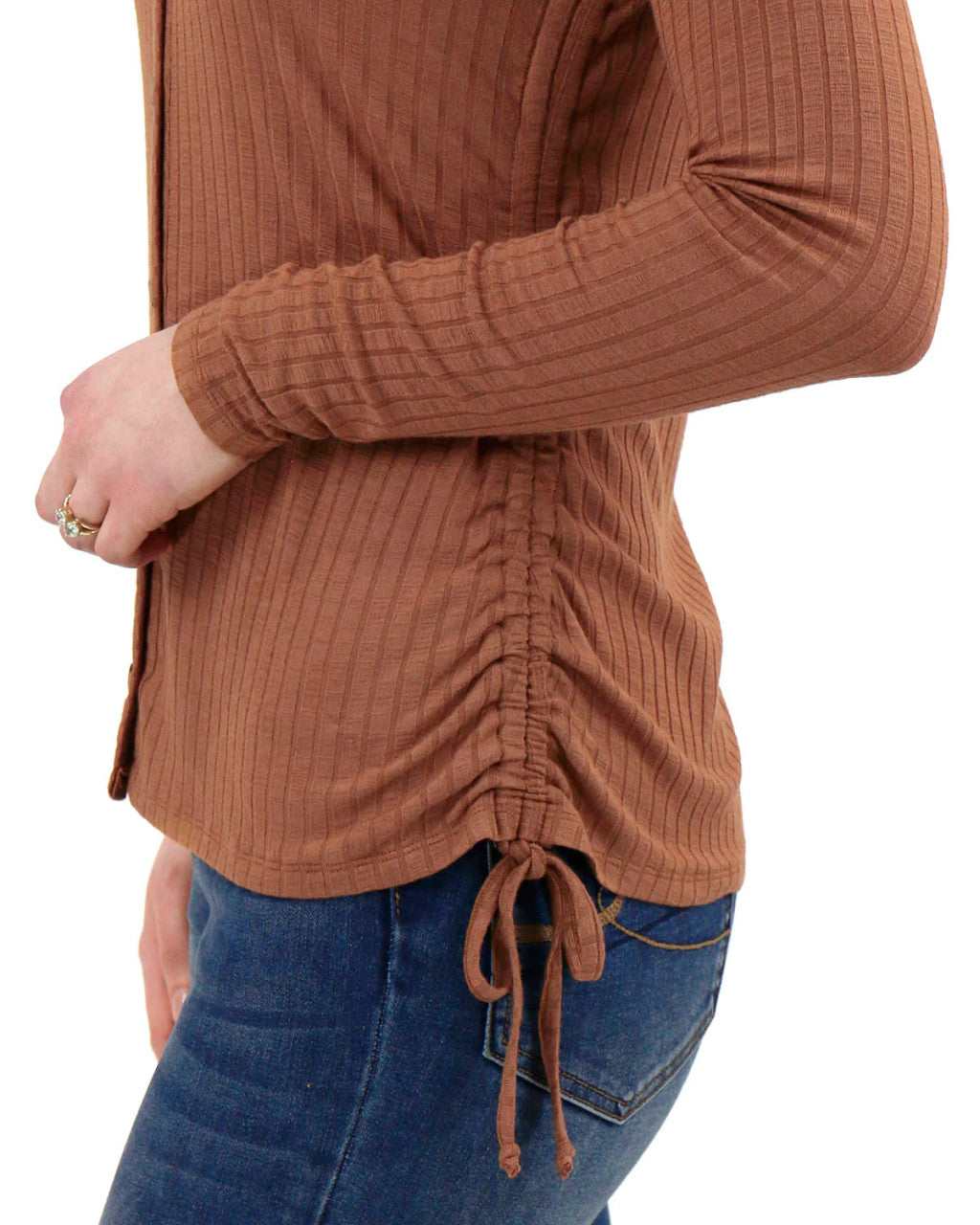 Grace and Lace Cinched Ribbed Cardi Top - Whiskey