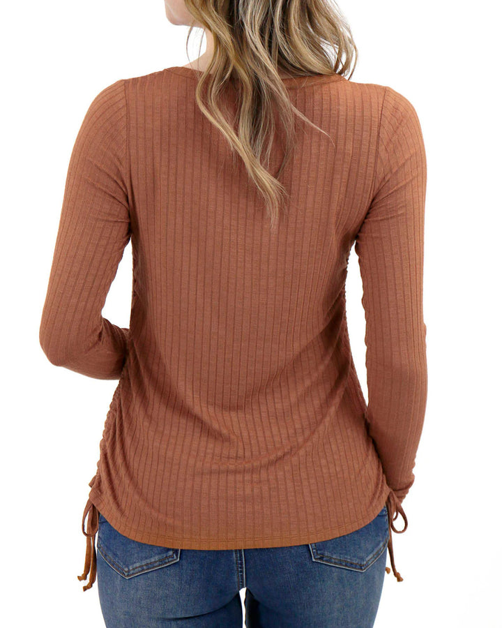 Grace and Lace Cinched Ribbed Cardi Top - Whiskey