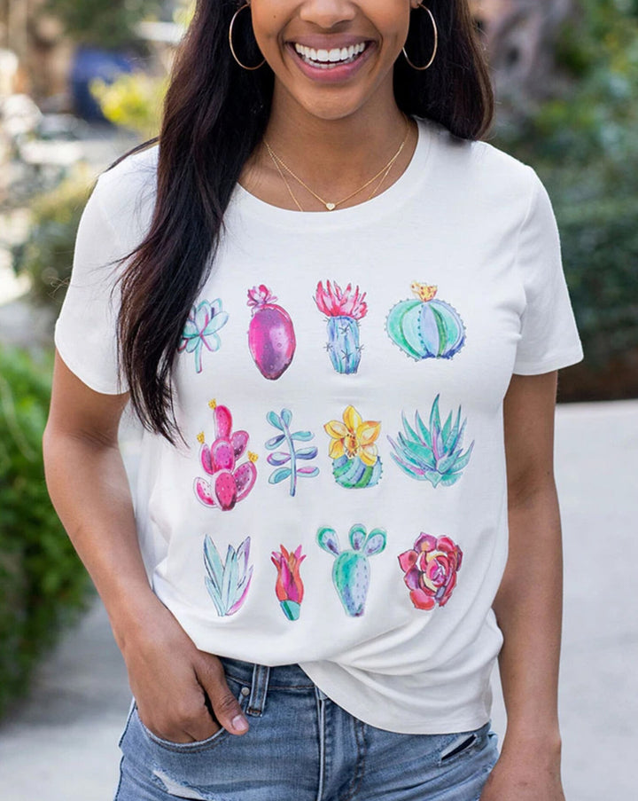 Grace and Lace Perfect Crew Graphic Tee - Watercolor Succulents