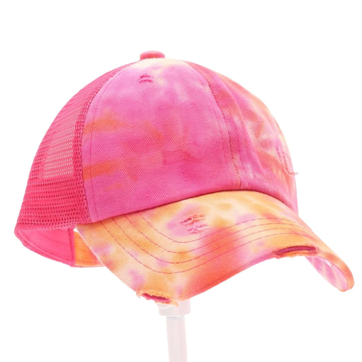 CC Beanie Kids Tie Dye Criss-Cross High Ponytail CC Ball Cap - Orange/Hot Pink