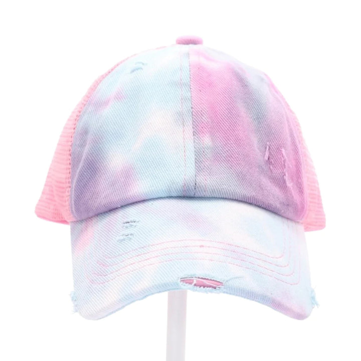 CC Beanie Kids Tie Dye Criss-Cross High Ponytail CC Ball Cap -Baby Pink/Pink