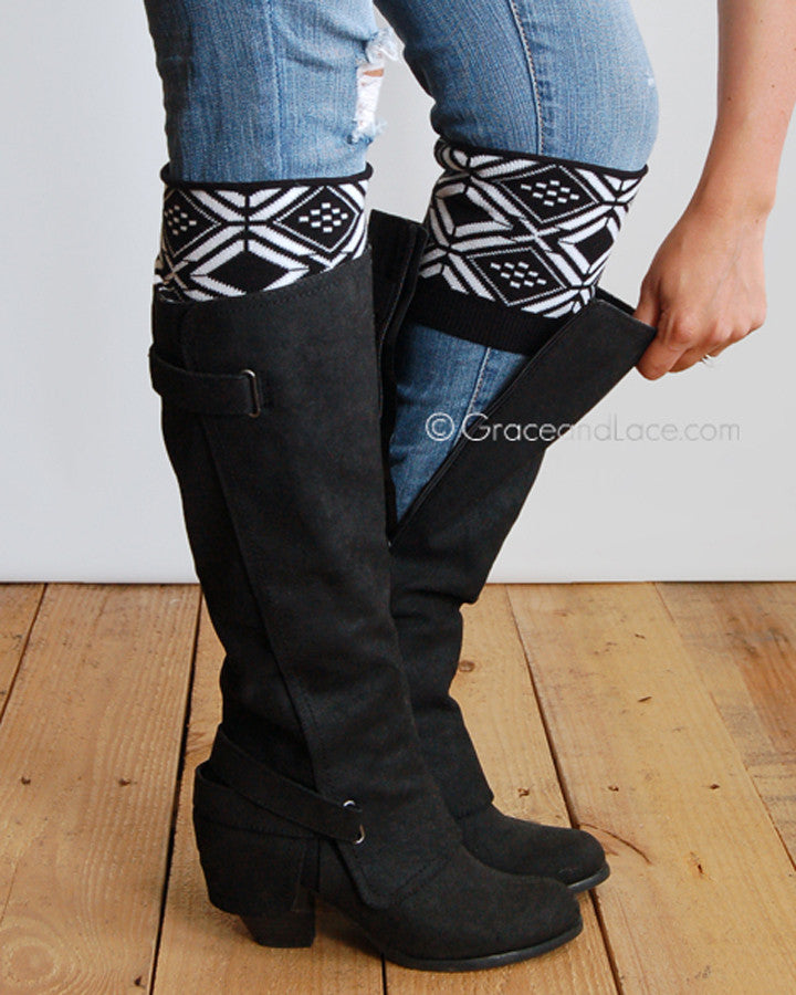 Grace and Lace Patterned Boot Cuffs - Tribal (black/white)