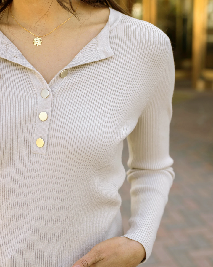 Grace and Lace Ribbed Henley Sweater in Oatmeal