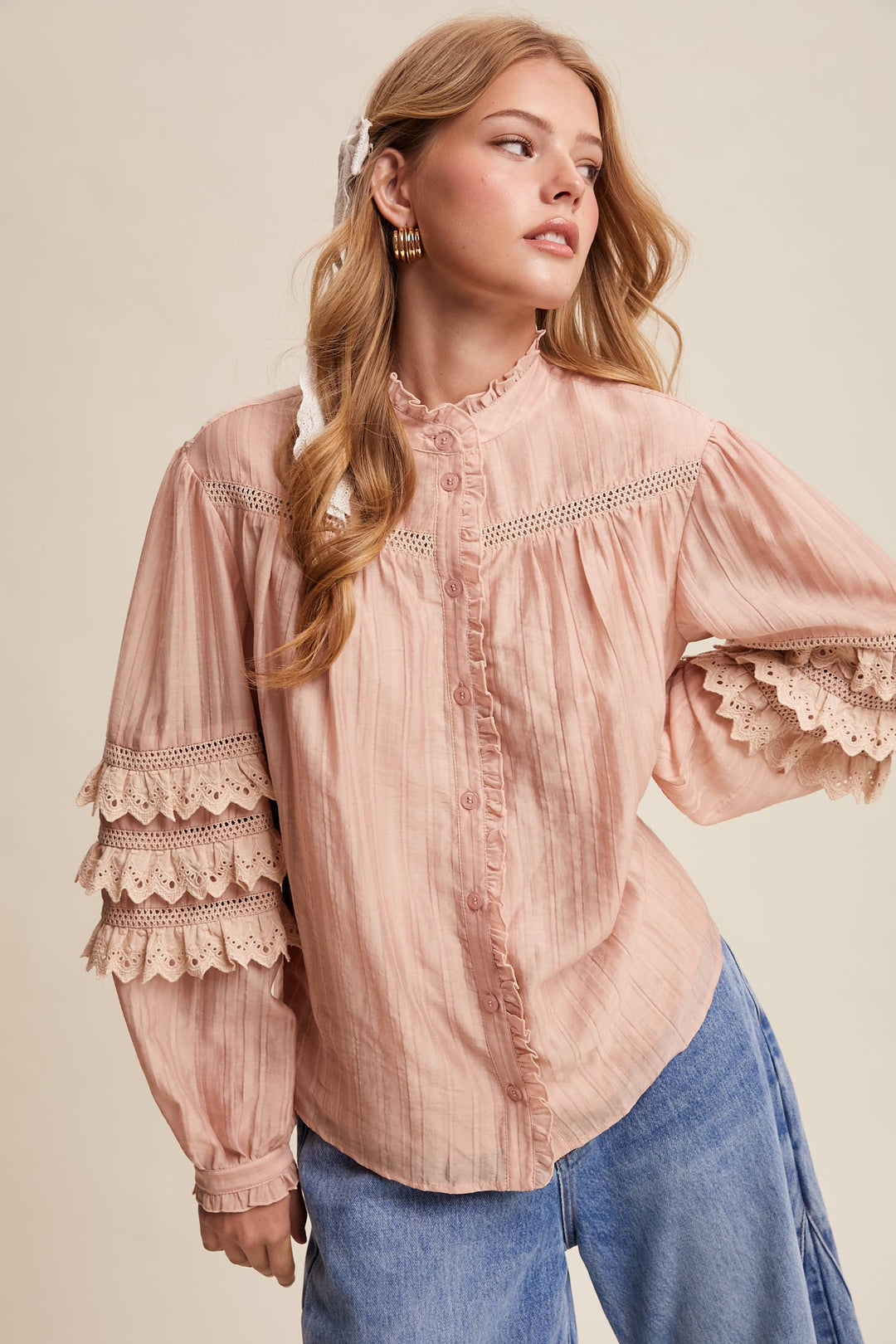 Lace Ruffle Sleeve Pintuck Blouse - Blush