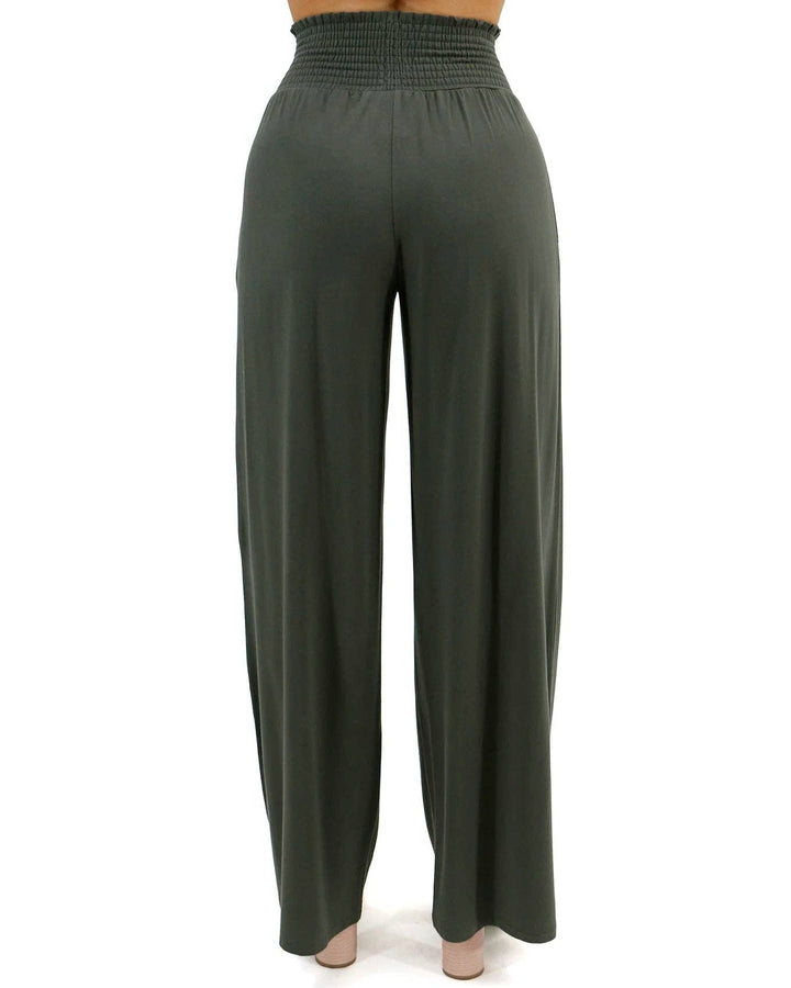 Smocked Wide Leg Lounge Pants in Olive