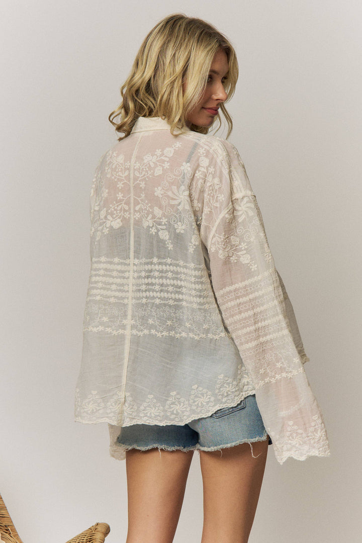 Wildflower Whispers Embroidered Sheer Button-Down