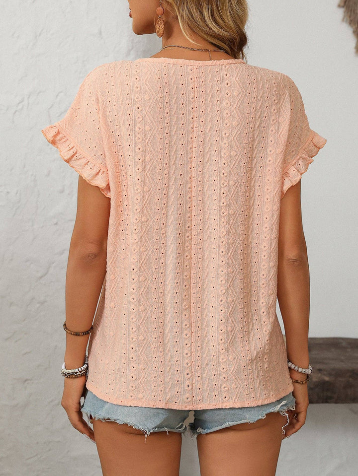 Sweet Short-Sleeve Hollow-Out Top - Light Coral