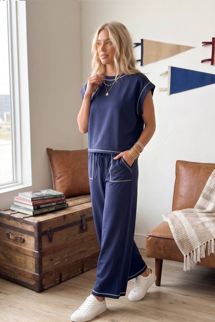 Scuba Contrast Stitch Lounge Set - Black
