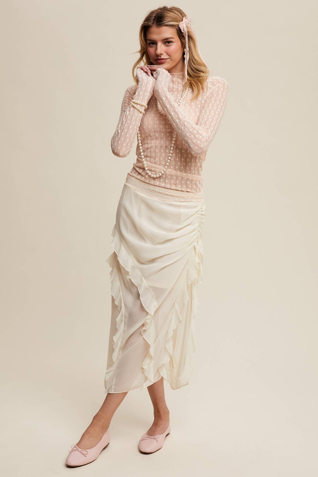 Semi Sheer Textured Lace Layering Top - Light Blush