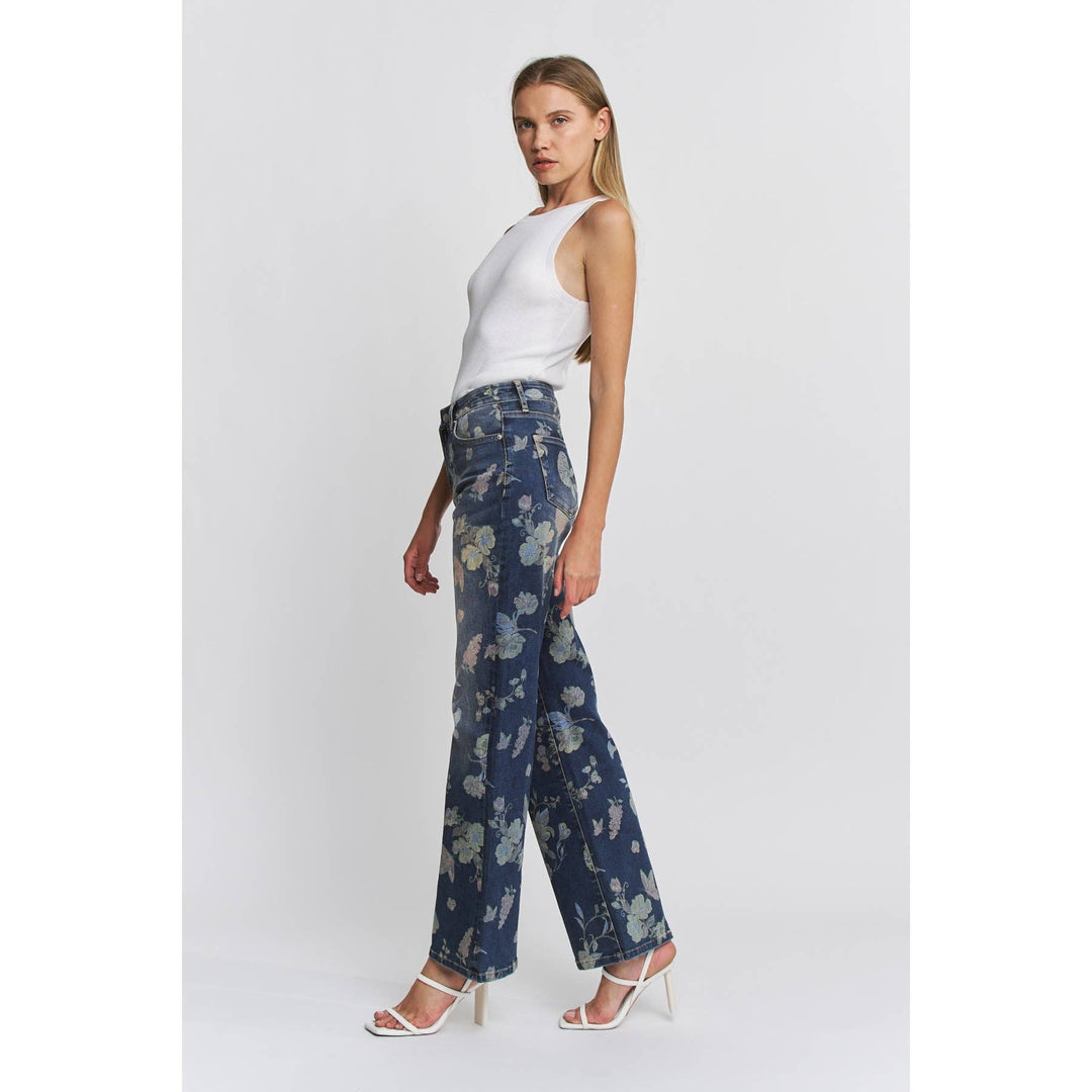Mica Denim Brand Floral Print Wide Leg High Waist Denim Jeans