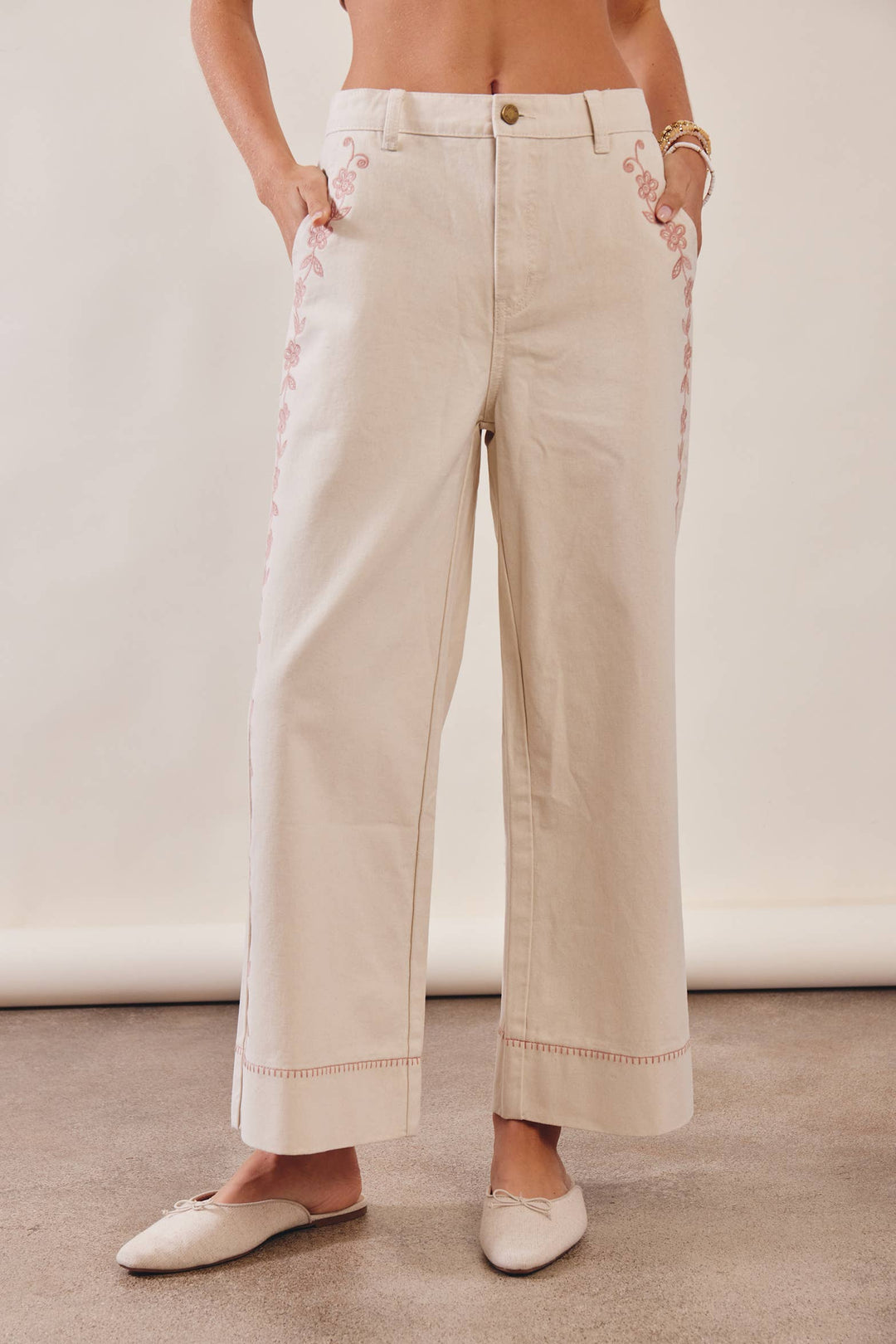 Floral Embroidered Cropped Ecru Wide-Leg Pants