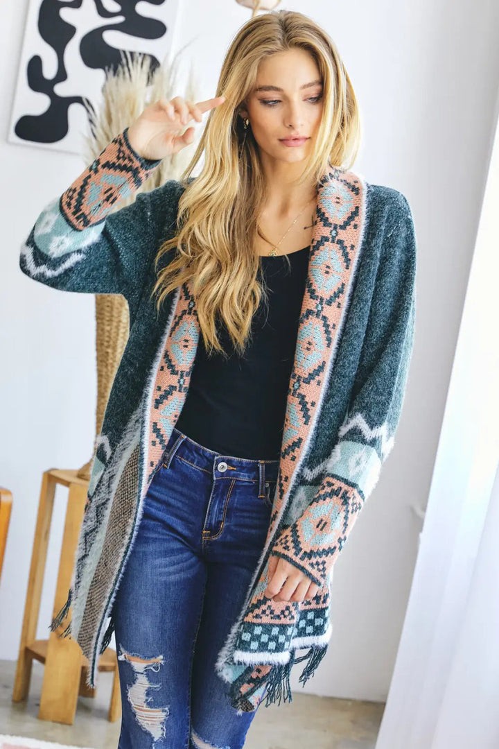 Davi & Dani  TRIBAL AZTEC PRINT LONG SLEEVE CARDIGAN- Sage