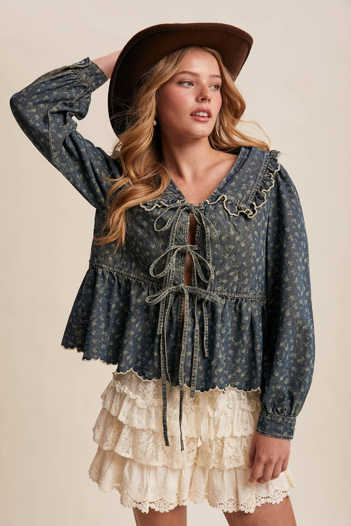 Ruffle Collar Tie-Front Denim Blouse