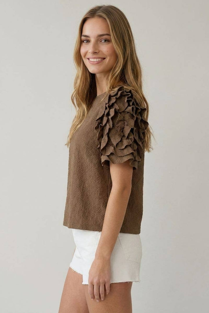 Ruffle Me Sleeve Top - Coffee