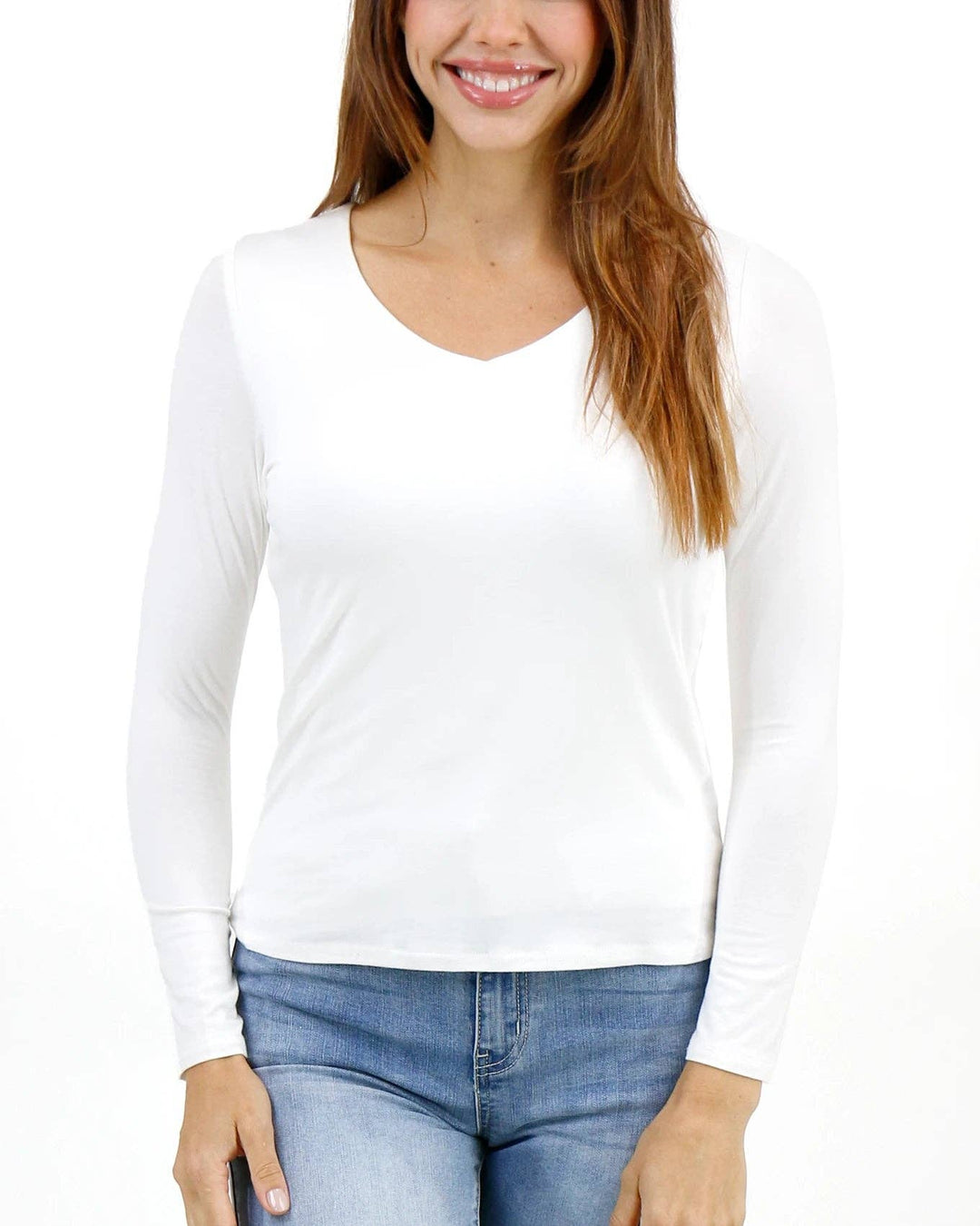 Modal V-Neck Long Sleeve Tee in Ivory