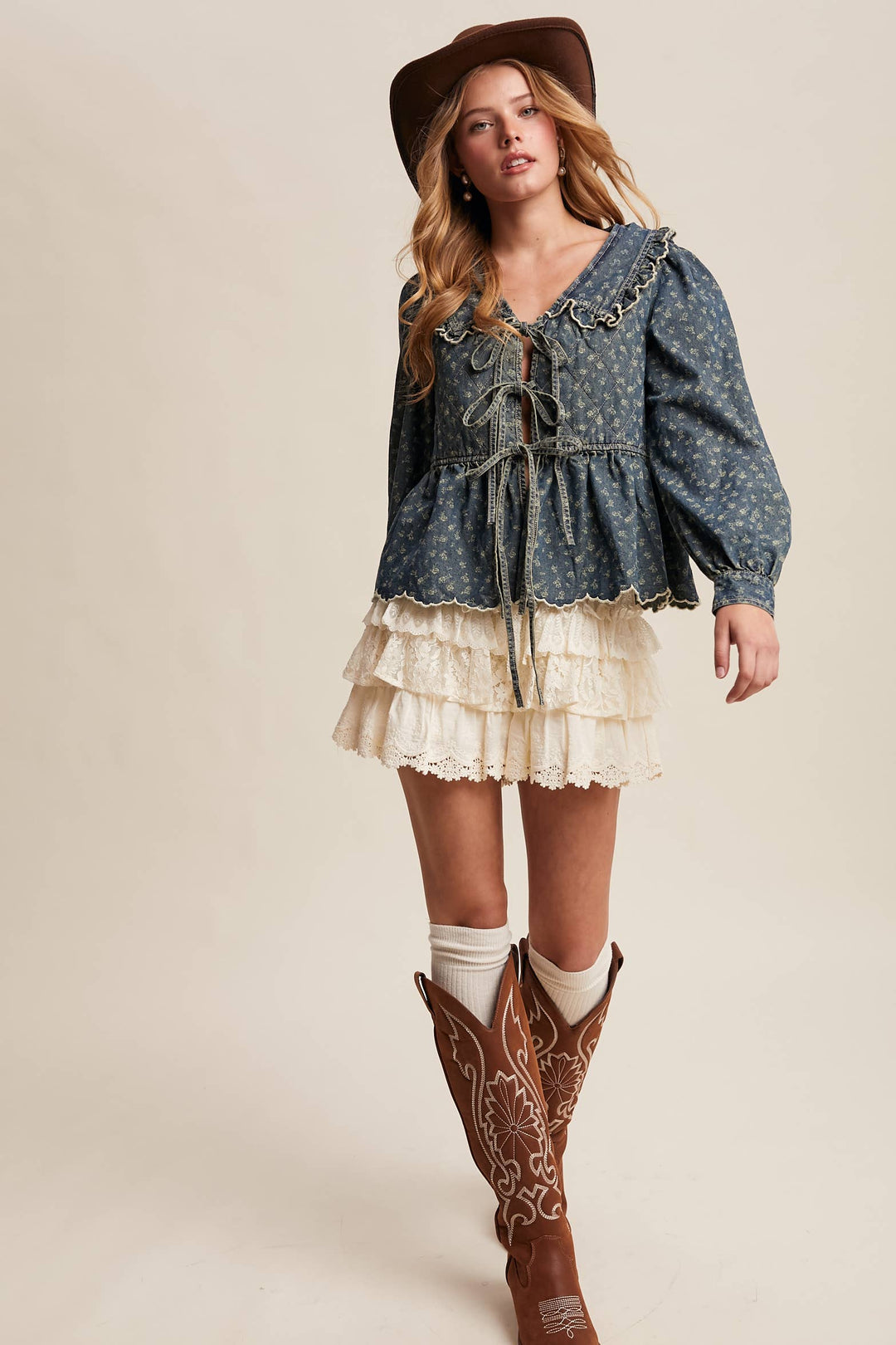 Ruffle Collar Tie-Front Denim Blouse