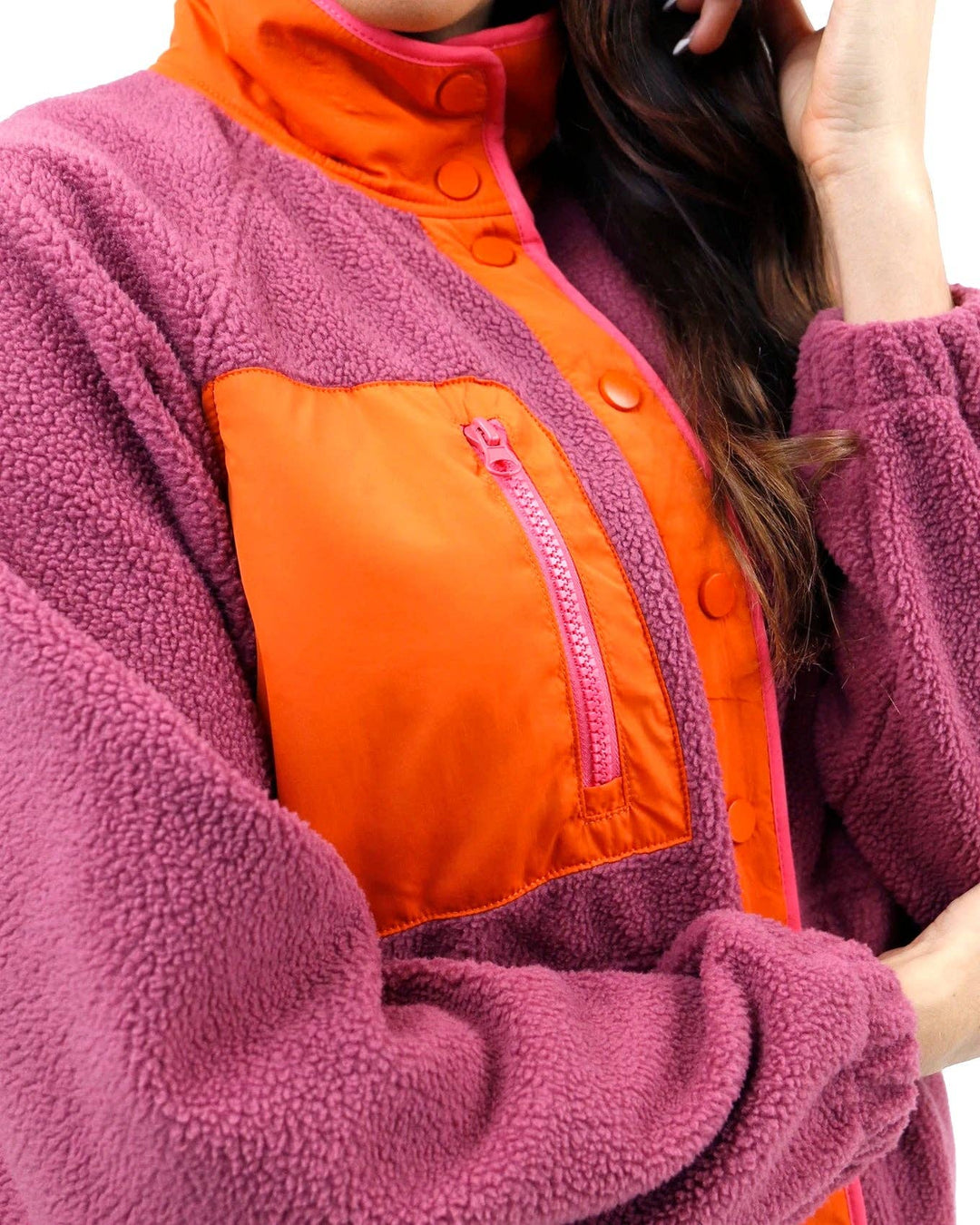 Colorblock Fleece Jacket in Berry-Orange