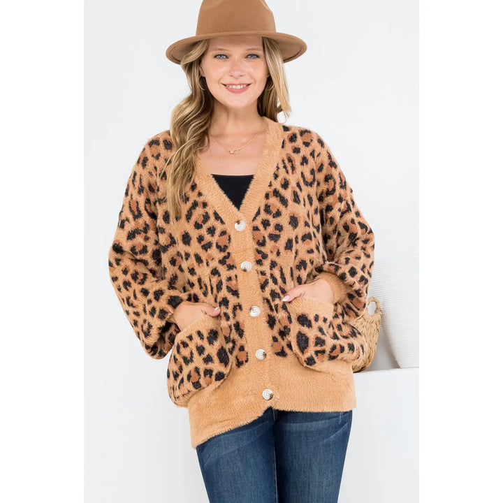 FURRY LEOPARD PATTERN BUTTON DOWN CARDIGAN