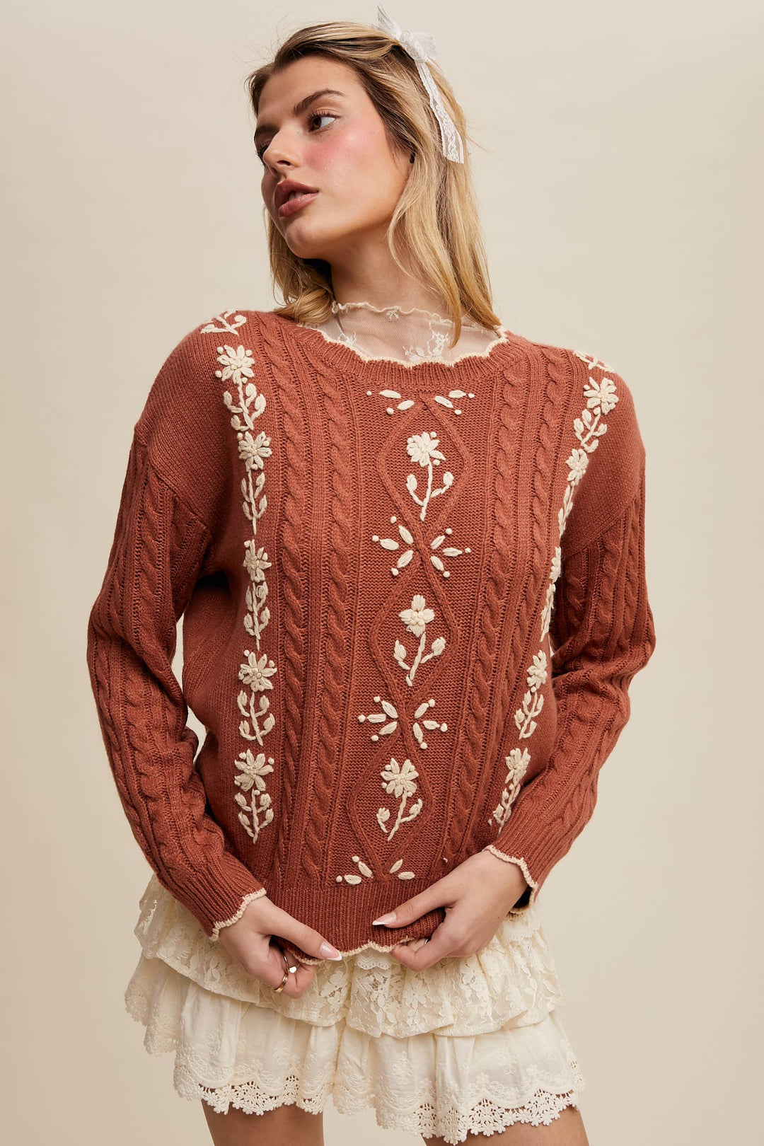 Autumn Garden Cable Knit Sweater in Terracotta