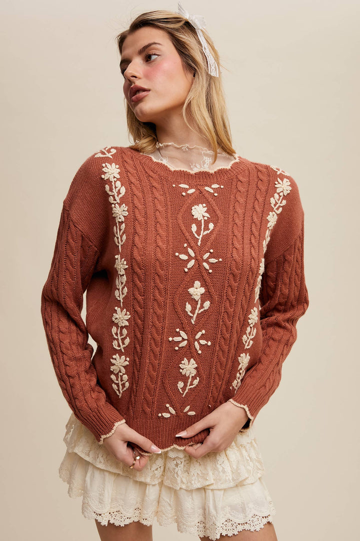 Autumn Garden Cable Knit Sweater in Terracotta