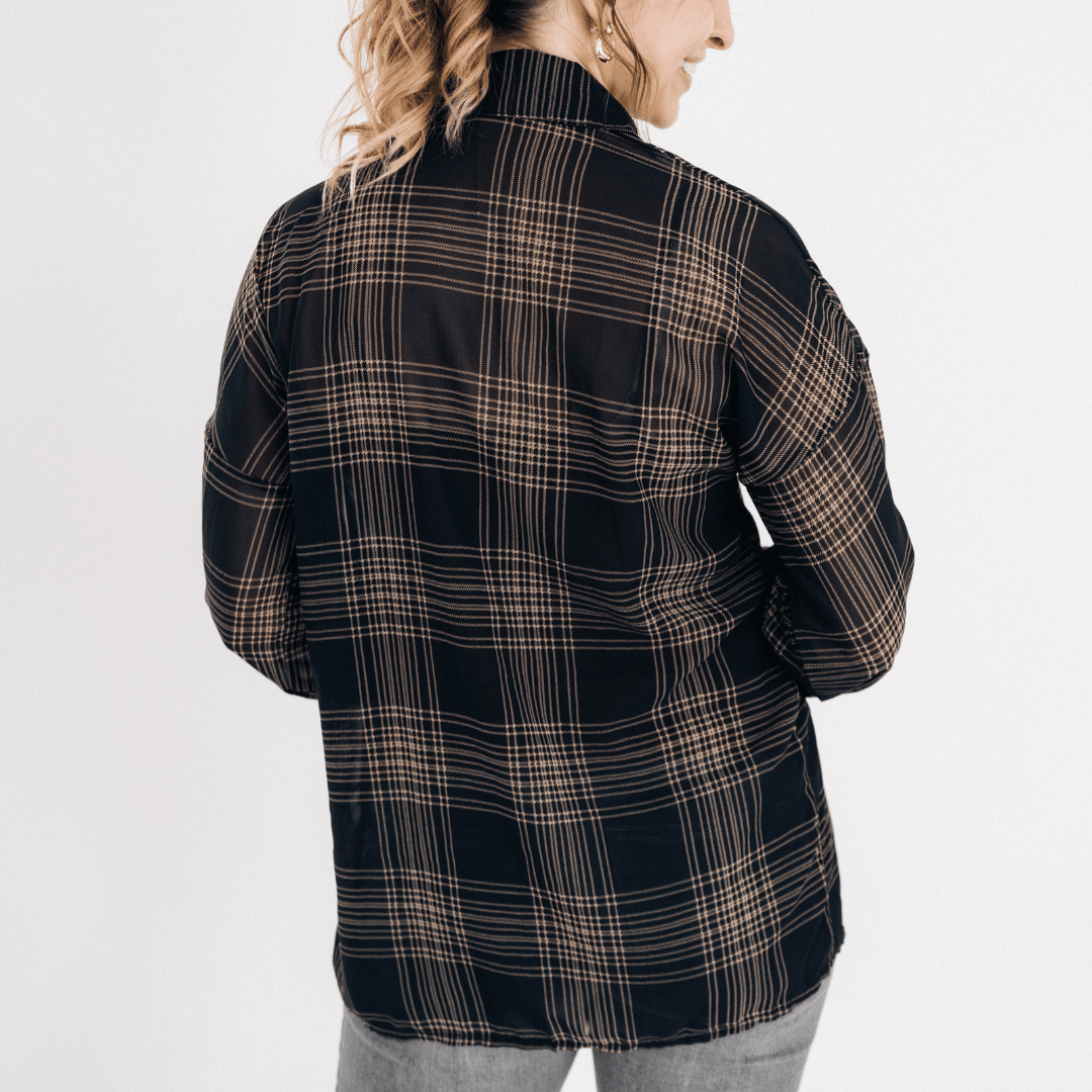 Black Plaid Ice Silk Shirt- Women