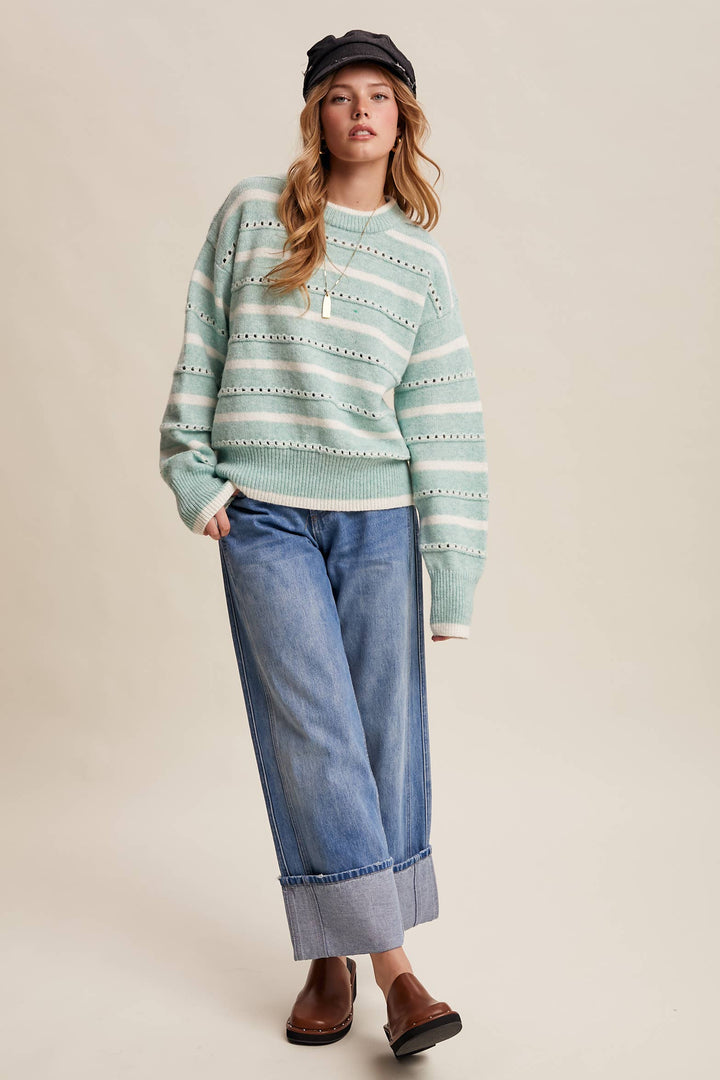 Striped Open-Stitch Pullover Sweater in Light Coral