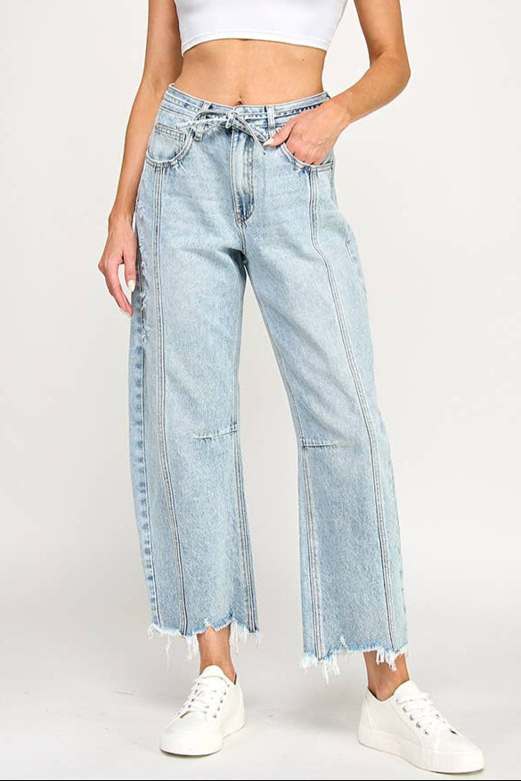 Stretch High Rise Tie-Waist Frayed Hem Barrel Jean  - Light Wash