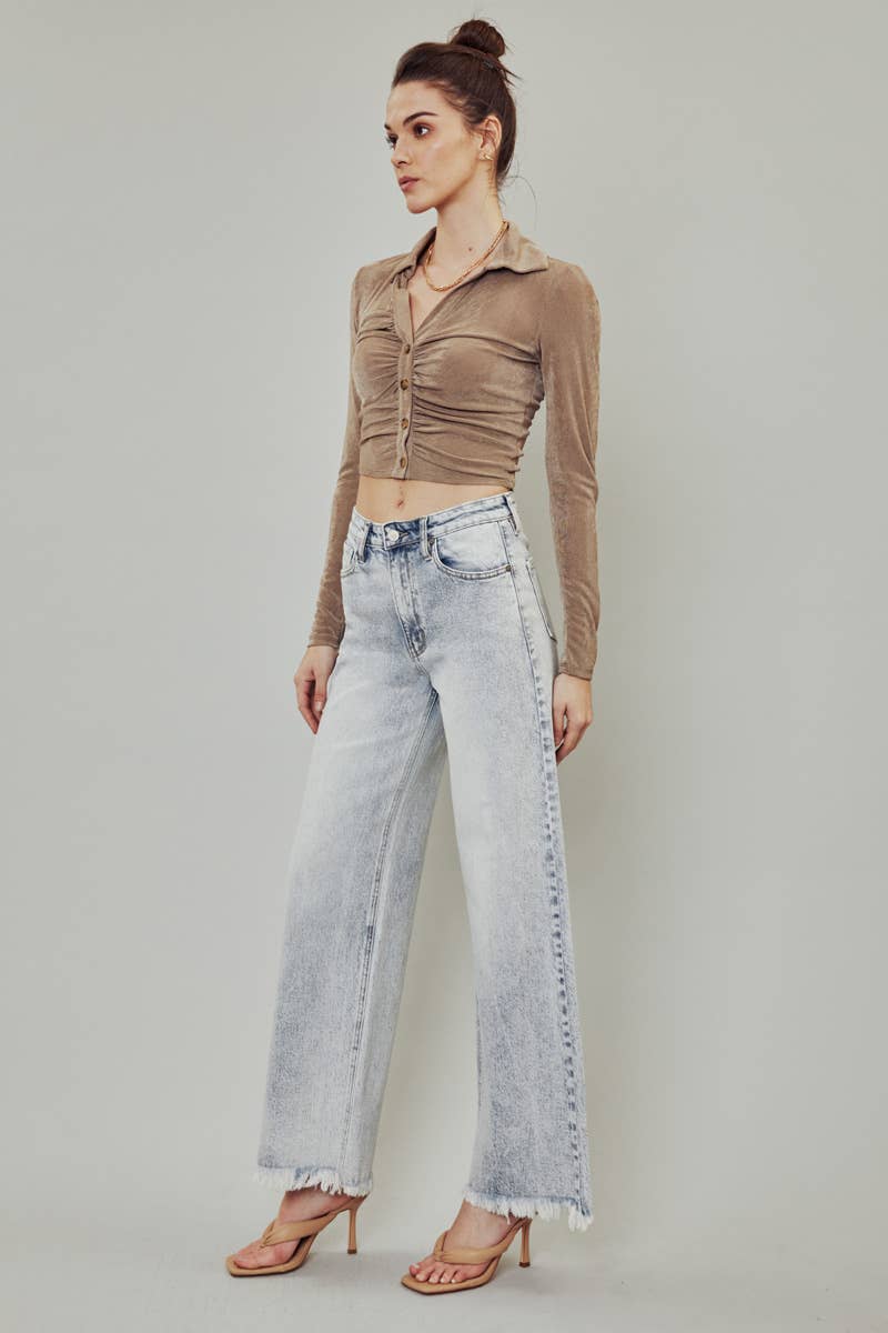 KanCan High Rise Wide Leg Frayed Hem Jeans - Light Wash