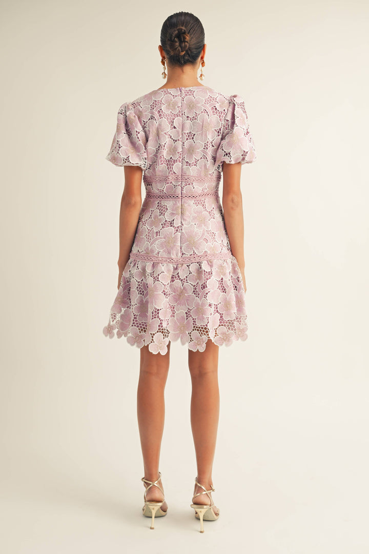 Sarah - Puff Slv Vneck Floral Lace Edged Hem Mini Dress