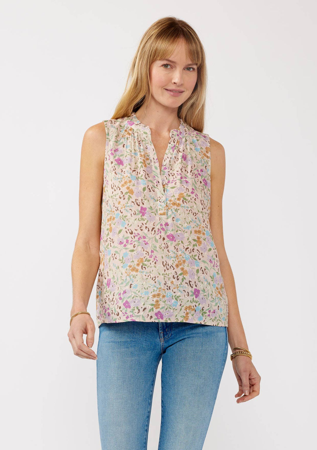 Floral Rayon Eyelet Button-Front Tank