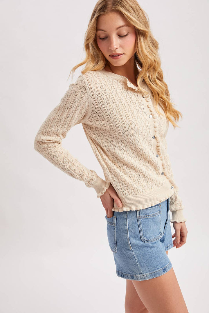 Pointelle Knit Button Down Cardi - Natural