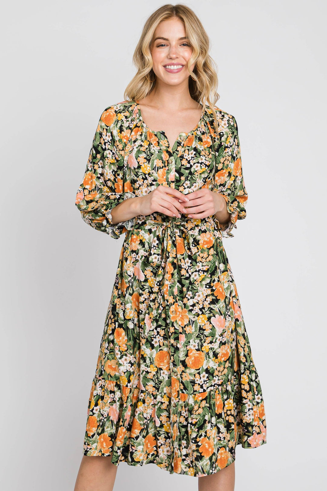 Marigold Print 3/4 Sleeve Flowy Dress