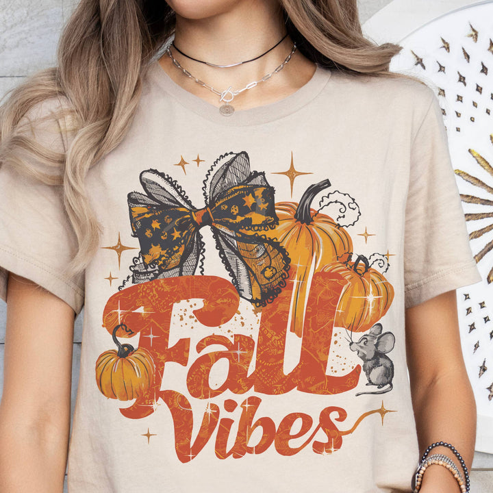 Fall Vibes Bow Pumpkin Graphic Tee - Beige