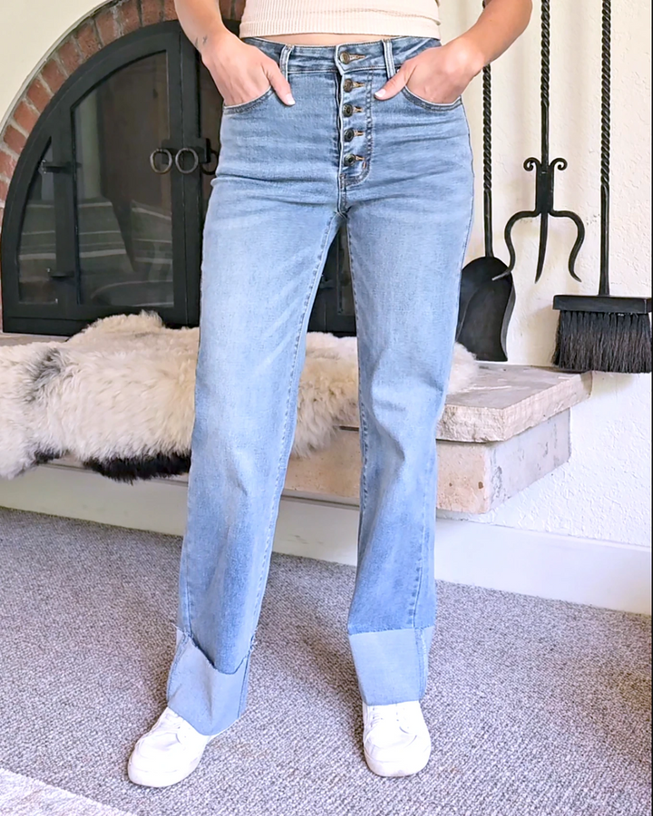 Straight Leg Cuffed Jeans In Mid-Wash