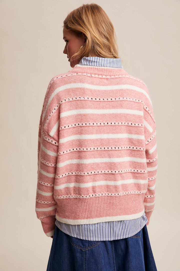 Striped Open-Stitch Pullover Sweater in Light Coral