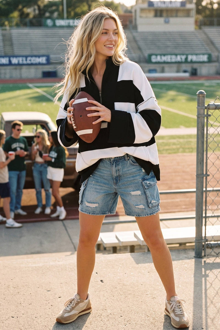 Varsity Stripe Oversized Zip Pullover - Red/Black